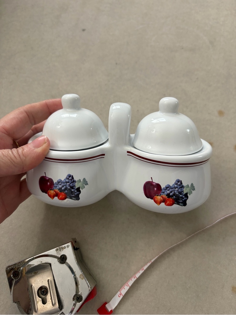 White Double Ceramic Condiment Server with Fruit Motif